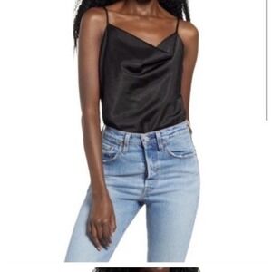 Wayf Satin Spaghetti Strap Cowl Neck Black Body Suit Size Large